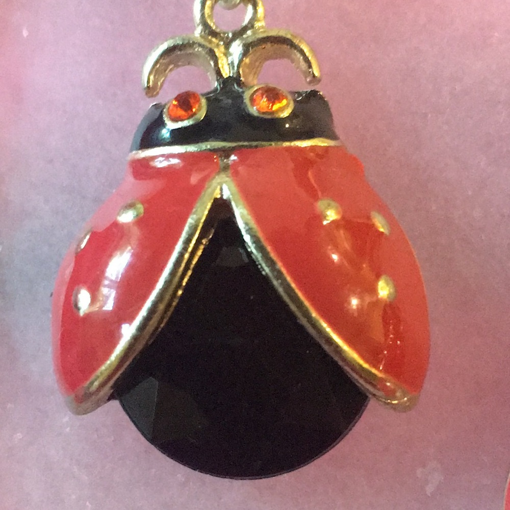 Betsey Johnson red & black enamel ladybug, red rhinestone eyes dangle earrings - Picture 4 of 9